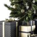 Decorated Christmas Tree With Gold Silver Star Ornaments Snowflake And Black Gift Boxes