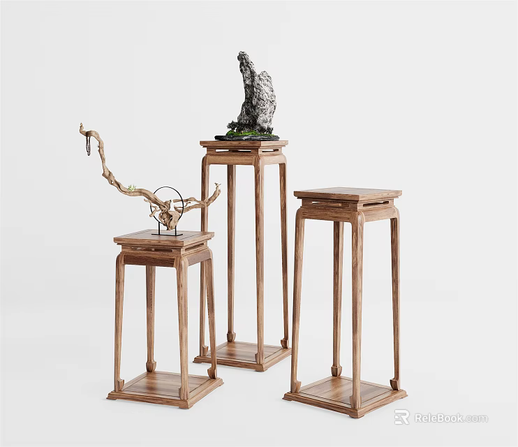 Traditional Chinese Style Solid Wood Flower Stands With Different Heights And Decorative Ornaments 3d model 
