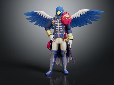 Game Movie Character With Blue Wings Gold Blue Uniform And Mask Holding Sword 3d model