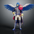 Game Movie Character With Blue Wings Gold Blue Uniform And Mask Holding Sword