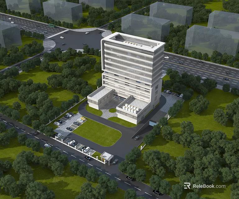 Modern High Rise Office Building Exterior Surrounded By Green Trees Lush Lawns And Parking Area 3d model 