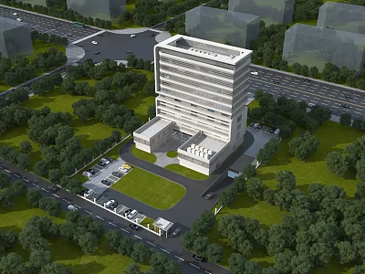 Modern High Rise Office Building Exterior Surrounded By Green Trees Lush Lawns And Parking Area 3d model