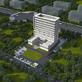 Modern High Rise Office Building Exterior Surrounded By Green Trees Lush Lawns And Parking Area