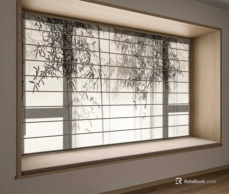 Light Filtering Curtains With Bamboo Leaf Pattern For Wooden Window Frame In Natural Interior 3d model 