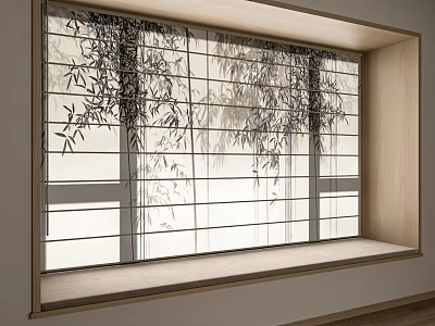 Light Filtering Curtains With Bamboo Leaf Pattern For Wooden Window Frame In Natural Interior 3d model
