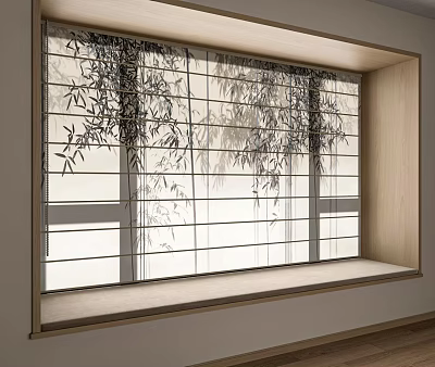Light Filtering Curtains With Bamboo Leaf Pattern For Wooden Window Frame In Natural Interior 3d model