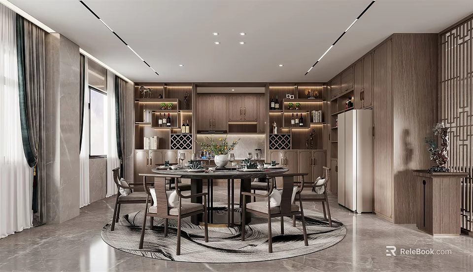 Modern Restaurant Interior Design With Round Dining Table Chairs Wine Cabinets And Refrigerator 3d model