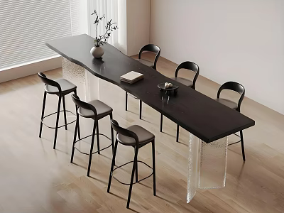 Modern Black Bar Counter With Clear Acrylic Legs And Black Bar Stools On Wooden Floor 3d model