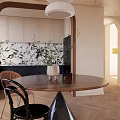 Ornament Decor Combination On Round Wooden Dining Table With Vase Flowers And Pendant Light