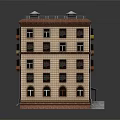 Multi Storey Residential Building With Red Brick Exterior And Colorful Balcony Awnings