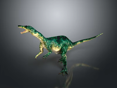 Green And Yellow Colored Dinosaur Model With Open Mouth Standing On Grey Background 3d model
