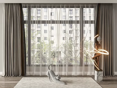 Gray Curtains With Sheer Panels For Modern Room Window With Building And Trees View 3d model