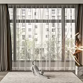 Gray Curtains With Sheer Panels For Modern Room Window With Building And Trees View