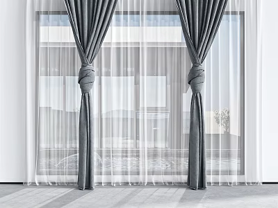 Gray Tied Curtains With Sheer Window Panels For Modern Interior Decoration 3d model