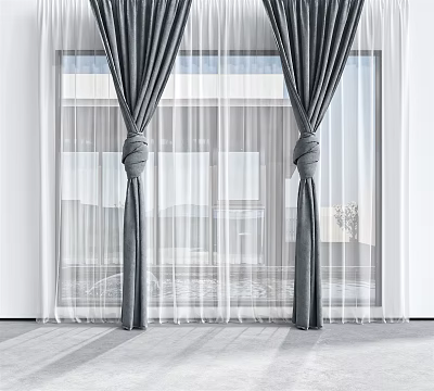 Gray Tied Curtains With Sheer Window Panels For Modern Interior Decoration 3d model