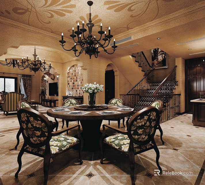 Elegant Duplex Living Room Interior Design With Chandelier Dining Table Floral Chairs And Staircase 3d model 