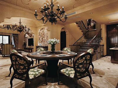 Elegant Duplex Living Room Interior Design With Chandelier Dining Table Floral Chairs And Staircase 3d model
