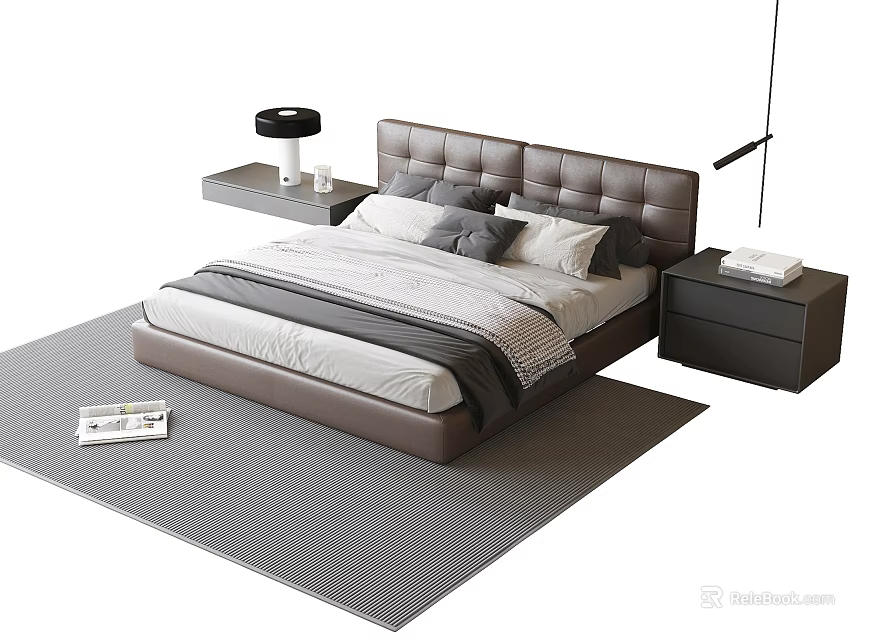 Modern Double Bed With Tufted Headboard Gray White Bedding Nightstands And Gray Rug 3d model