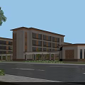 Modern School Building Exterior With Beige Brown Facade Multiple Windows Green Area And Pathway