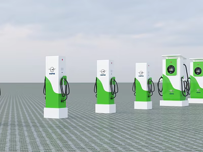Row of Green and White Industrial Charging Equipment for Electric Vehicle Stations 3d model