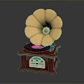 Vintage Gramophone With Flower Shaped Golden Horn Red Wooden Base And Pink Vinyl Record