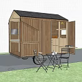 Wooden Trailer Style Cabin Surrounded by Trees with Two People Resting Outside