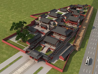 Ancient Chinese Architecture Complex With Traditional Courtyard Red Walls Black Tiles Green Grass And Trees 3d model