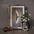 Decorative Ornament Combination With Framed Crane Art Calla Lily Vase Books And Incense Sticks