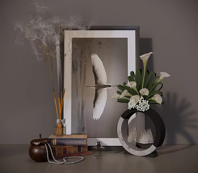 Decorative Ornament Combination With Framed Crane Art Calla Lily Vase Books And Incense Sticks 3d model