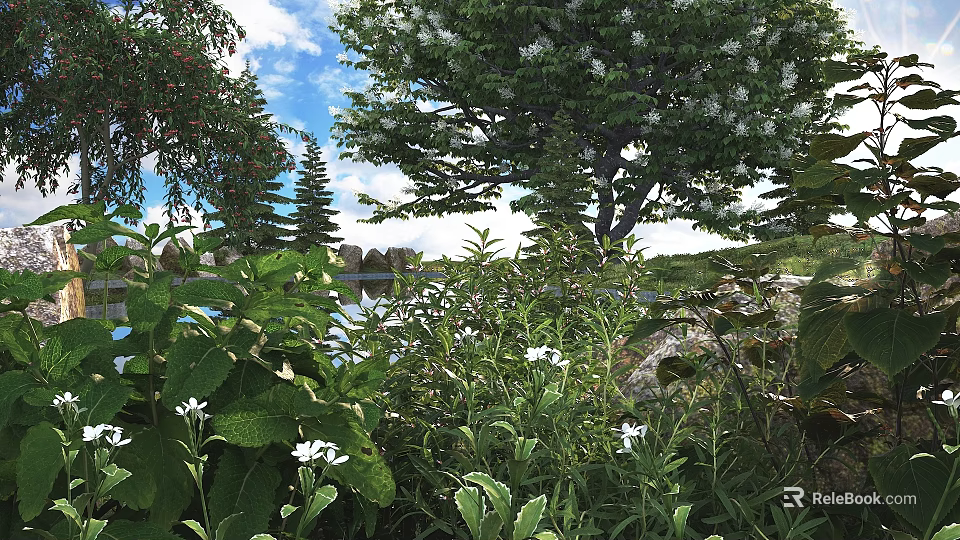 Lush Green Shrubs With White Flowers Surrounded By Trees Near Lake Under Blue Sky 3d model 