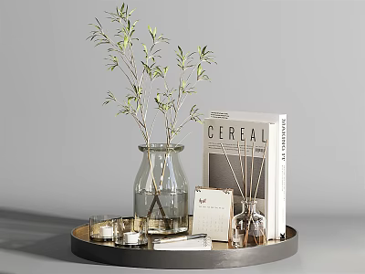Elegant Decorative Accessories Set With Round Tray Glass Vase Olive Branches Books And Candles 3d model