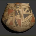 Ancient Clay Pot With Orange Triangles Black Spirals And Geometric Patterns