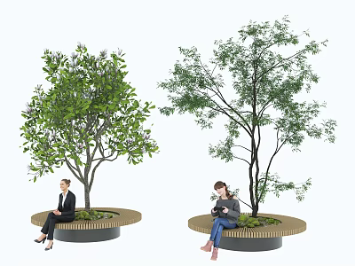 Circular Tree Pit With Green Leafy Trees And Seating For Relaxing People 3d model