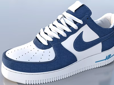 Blue And White Nike Air Force Shoes With Denim Upper White Laces And White Sole 3d model