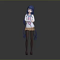 Anime Style 3D Character With Blue Long Hair White Top Yellow Skirt Arms Crossed Pose
