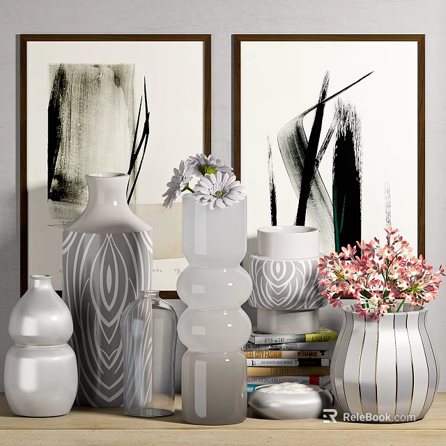 Stylish Decorative Ornament Set With Various Design Vases Fresh Flowers And Art Paintings 3d model 