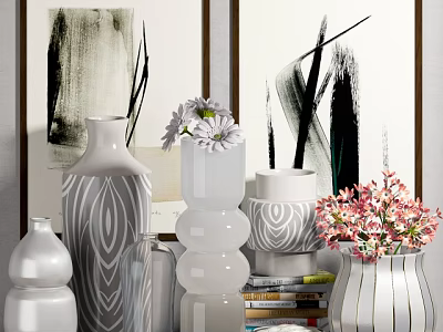 Stylish Decorative Ornament Set With Various Design Vases Fresh Flowers And Art Paintings 3d model