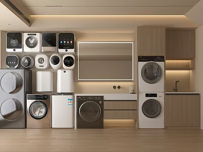 Various Modern Washing Machines In Stylish Laundry Room With Wooden Cabinets And Sink 3d model