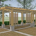 Wooden Lattice Pergola in Outdoor Park with Benches Trees and People Relaxing