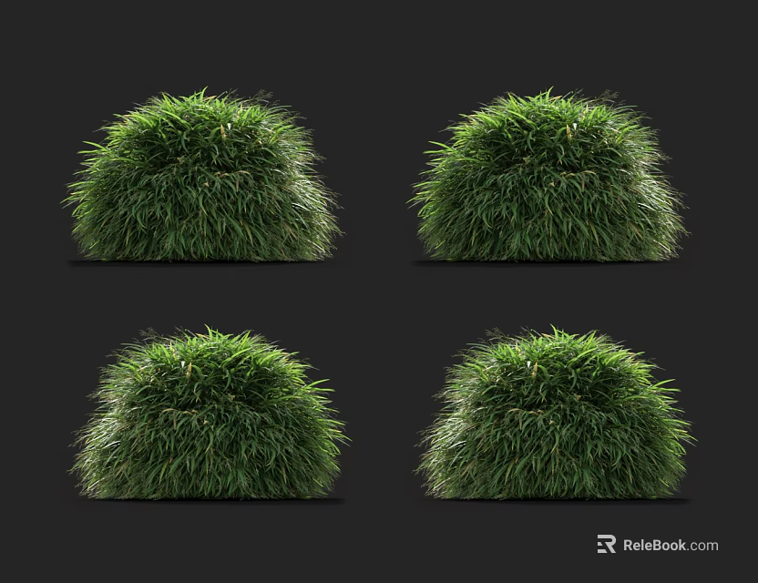 Four Lush Green Grass Balls as Decorative Elements on Black Background 3d model 