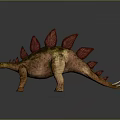 Realistic Stegosaurus Dinosaur With Red Plates Green Moss Gray Background And Reflective Ground