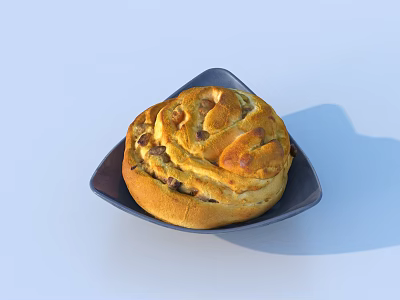 Delicious Spiral Bread with Golden Crust on Dark Square Plate Topped with Nuts 3d model