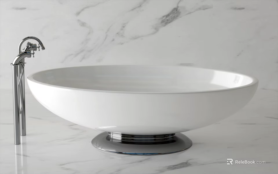 Modern Sleek White Freestanding Bathtub With Chrome Base On Marble Surface 3d model 