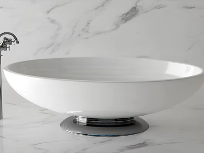 Modern Sleek White Freestanding Bathtub With Chrome Base On Marble Surface 3d model