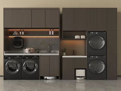 Modern Dark Colored Balcony Cabinet With Washing Machine Dryer And Storage Countertop 3d model