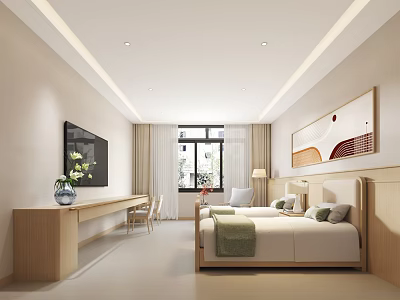 Bright Modern Bedroom Interior With Bed Wooden Desk Window Curtains And Wall Art 3d model