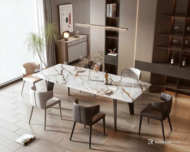 Modern Marble Dining Table And Chairs In Bright Interior With Natural Light And Plant 3d model 