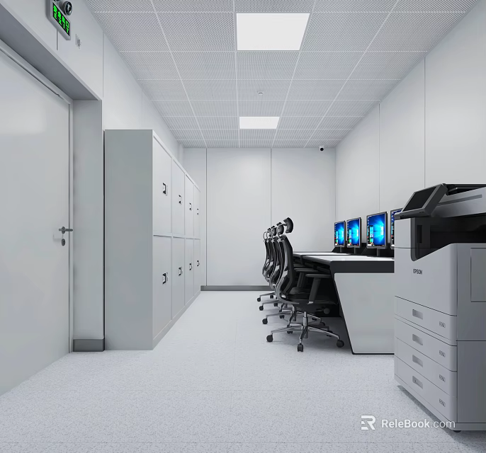 Modern Security Monitoring Room Interior With Control Desk Multiple Monitors And Storage Cabinets 3d model 