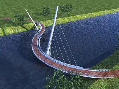 Curved Bridge With White Pillars Cables And Wooden Deck Over River Near Green Grassland Trees 3d model