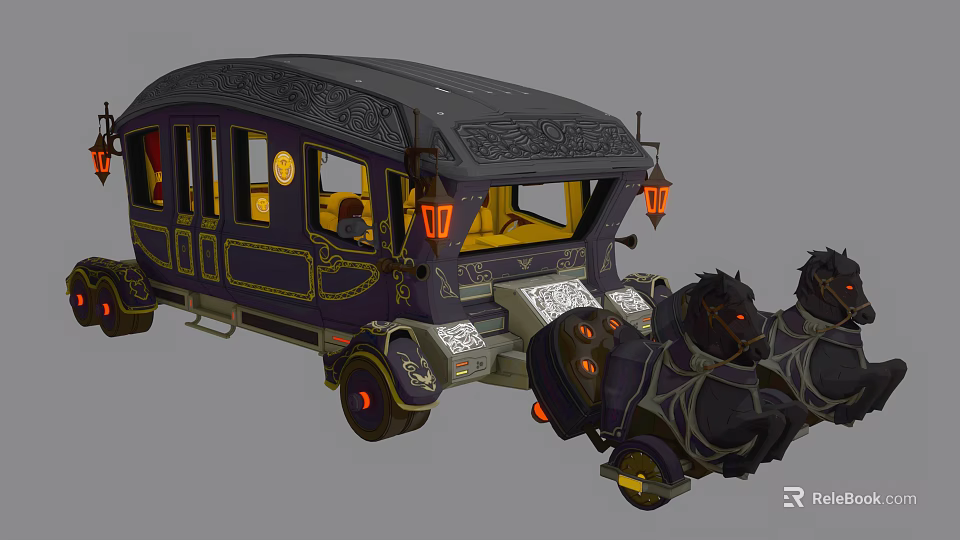 Ornate Fantasy Purple Carriage With Golden Accents Black Roof And Horses 3d model 